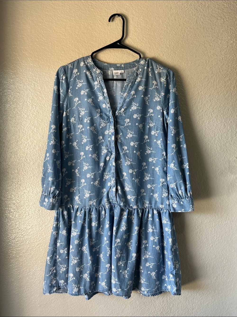 GAP Blue Floral Button-Front Long Sleeve Midi Dress Sz 2 Boho Cottage Core